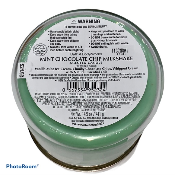 New Bath & Body Works BBW Mint Chocolate Chip Milkshake 3 Wick Large Jar - Picture 6 of 8